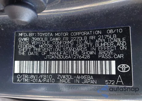 2010 Toyota Prius Ii from USA, damaged, VIN JTDKN3DU6A1276428